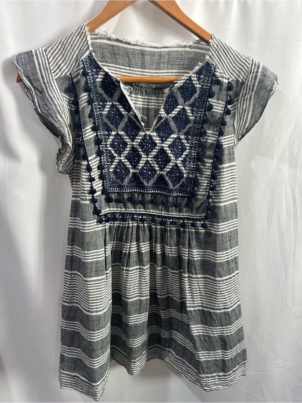 THML Gray and Navy Striped Embroidered Peasant Top